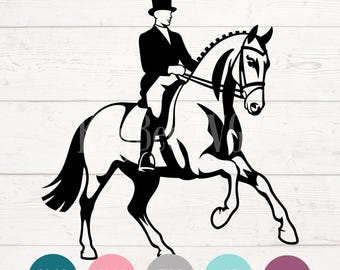 May include: A black and white silhouette of a horse and rider in formal equestrian attire. The image is labelled "Digital Download". Below the image are the file type icons: SVG, PNG, EPS, AI, and DXF.