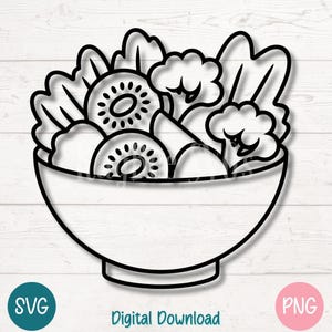 Saladier SVG PNG Dessin au trait Contour de légumes pour manger sainement Bricolage et décoration de cuisine | Fichier de découpe pour Cricut, Silhouette, gravure laser