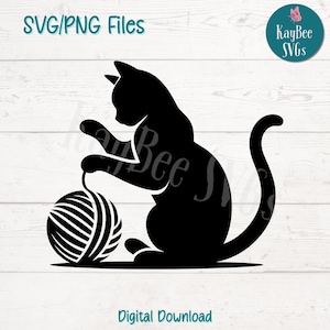 Katze mit Garnball SVG PNG Schnittdateien für Cricut, Silhouette digitaler Download, Lasergravur, Sublimationsdruck, kommerzielle Nutzung Clipart