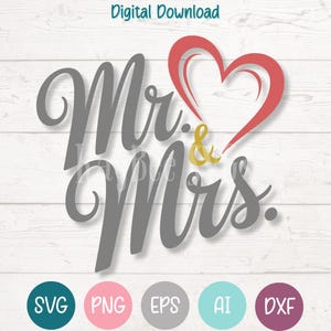 Archivos de corte SVG PNG de Sr. y Sra. para Cricut, Silhouette, grabado láser, impresión por sublimación, imágenes prediseñadas de uso comercial - Boda, aniversario