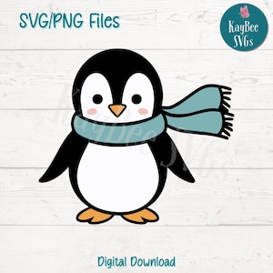 スカーフを巻いたペンギン SVG PNG カット ファイル (Cricut、Silhouette デジタル ダウンロード、レーザー彫刻、昇華印刷可能、商用利用可)