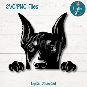 Gluren Dobermann SVG PNG-bestanden knippen voor Cricut, silhouet digitale download, lasergravure, afdrukbare sublimatie, commercieel gebruik clipart