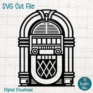 May include: Black and white silhouette of a vintage jukebox with a decorative grill and speakers.  "SVG Cut File" and "Digital Download" are written below the image.