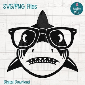 Squalo con occhiali SVG PNG File di taglio per Cricut, Silhouette Download digitale, Incisione laser, Stampa a sublimazione, Uso commerciale Clipart