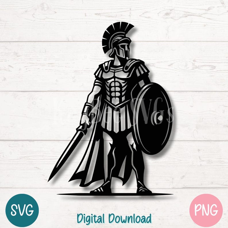 Black silhouette of a Roman centurion holding a sword in one hand and a large round shield in the other, wearing armor and a helmet with a crest.