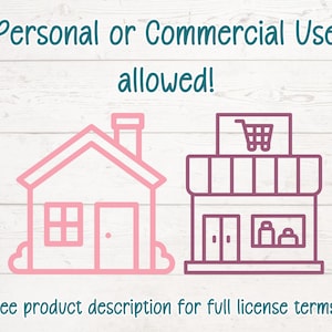 May include: Pink line art of a house and a shop with the text "Personal or Commercial Use allowed!" and "See product description for full license terms."