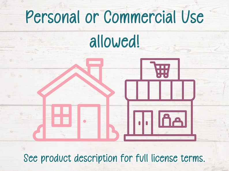 May include: Pink line art of a house and a shop with the text "Personal or Commercial Use allowed!" and "See product description for full license terms."