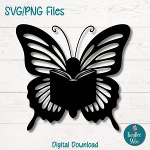 Schmetterling liest ein Buch SVG PNG Schnittdateien für Cricut, Silhouette digitaler Download, Lasergravur, Sublimation druckbar, kommerzielle Nutzung