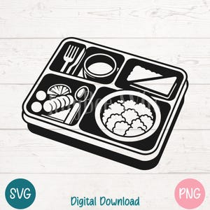 Plateau repas SVG PNG Repas de la cafétéria de l'école Images clipart pour enfants Projets de boîte à lunch et ressources d'éducation nutritionnelle | Fichiers de découpe pour Cricut, laser