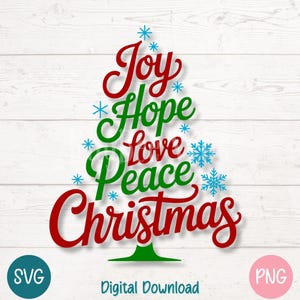 Archivo de corte SVG de árbol de Navidad, clipart de cita navideña con palabras de alegría, esperanza, amor y paz, vector PNG de decoración navideña para Cricut y Silhouette