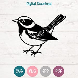 Könnte beinhalten: Schwarz-weiße Vogelillustration mit dem Text "Digital Download" oben. Der Vogel ist ein einfaches Design mit weißer Brust und schwarzem Kopf und Flügeln. Darunter befinden sich die Symbole für SVG, PNG, EPS und PDF.