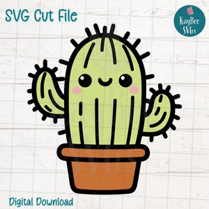 Lindo cactus kawaii SVG PNG / Planta feliz y sonriente Clipart para calcomanías y manualidades, archivos de corte para Cricut, descarga digital de silueta, láser
