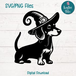 Dackel im Hexenhut SVG PNG Lustiger Halloween Hund Clipart für Gruseliges Handwerk | Schneidedatei für Cricut, Silhouette, Lasergravur, Sublimation