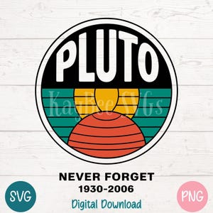 Pluton n'oubliez jamais de couper le fichier PNG SVG pour Cricut, Silhouette, sublimation, art hommage à l'astronomie rétro, gravure laser, clipart imprimable
