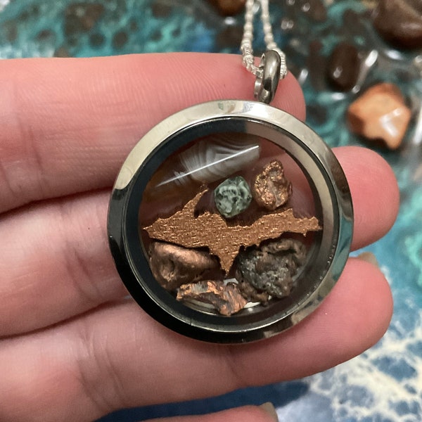 Upper Peninsula necklace, Isle Royale Michigan Greenstone necklace, Michigan locket, Keweenaw copper, chlorastrolite,  Michigan jewelry