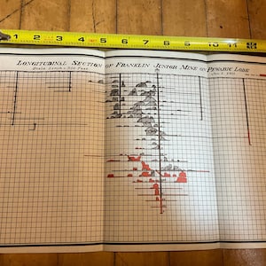 May include: A printed map titled Longitudinal Section of Franklin Junior Mine on Pewabic Lode dated Jan 1, 1911, featuring a black grid with red and grey shaded areas. A yellow measuring tape shows the document width is approximately 13 inches.