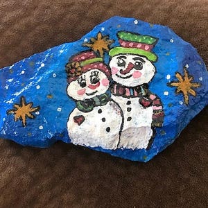 Snow Couple painted rock paperweight