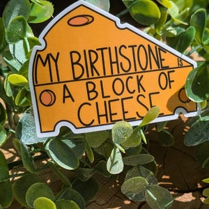 May include: A sticker in the shape of a cheese wedge with the text "MY BIRTHSTONE IS A BLOCK OF CHEESE" in black lettering. The cheese is yellow with orange accents and a white border. The sticker is surrounded by green foliage.