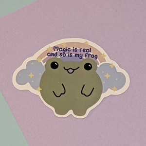 May include: A green frog with a big smile and a rainbow above its head. The frog is sitting on a cloud with stars. The text above the frog says "Magic is real and so is my frog".