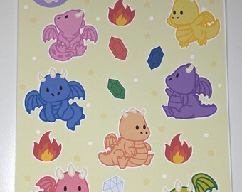 May include: A sheet of colorful stickers featuring cute cartoon dragons in various poses. The stickers are on a yellow background with white stars and include gems and flames.