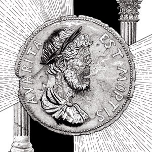 Greed Is Death art print, roman coin, ancient history, roman empire, poster art, emperor hadrian, black and white, esoteric, coin art