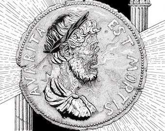 貪欲は死のアートプリント、ローマのコイン、古代史、ローマ帝国、ポスターアート、ハドリアヌス帝、白黒、難解、コインアート