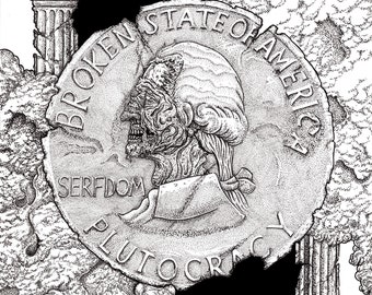 Serfdom Forever、政治アート、社会評論、ウォールアート、ポスター、アートプリント、アメリカの歴史、美術、イラスト、米国通貨、コイン