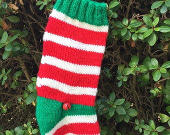 May include: A hand-knitted Christmas stocking with red and white stripes, a green cuff, and a green toe. A small red bell is attached near the toe. The stocking is hanging against a backdrop of green foliage.