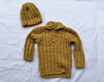 Baby Boy Toddler Hand Knit Sweater and Matching Hat