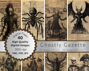 May include: A digital paper pack with 40 high-quality images in PNG, PDF, and JPG formats. The images feature a spooky, vintage aesthetic with illustrations of skeletons, spiders, and other Halloween-themed creatures. The images are 300+ dpi and are perfect for creating digital or printed projects.