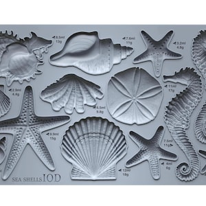 May include: A gray silicone mold featuring various sea shell and sea creature designs. Includes starfish, seahorses, and different shell shapes. Measurements are provided in milliliters and grams for each design. The text "SEA SHELLS IOD" is visible.