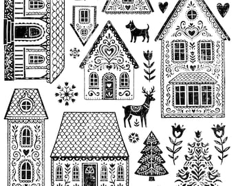 Gingerbread Lane IOD Stamp | 12x12 Gingerbread Village Decor Stamp Sheet by Iron Orchid Designs | Christmas Village Holiday Craft Stamp with