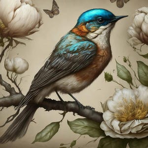 May include: A colorful bird with blue, orange, and brown feathers perches on a branch, surrounded by white flowers and green leaves. A butterfly flutters nearby. The artwork has a vintage, painterly style.