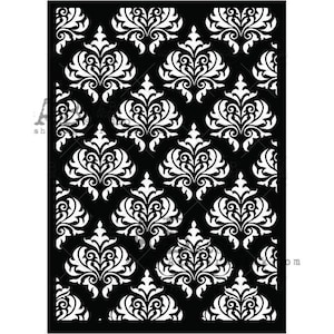 May include: A black and white stencil featuring a repeating damask pattern. The design consists of ornate, symmetrical floral motifs in white against a solid black background. The stencil is likely used for decorative painting or crafting projects.