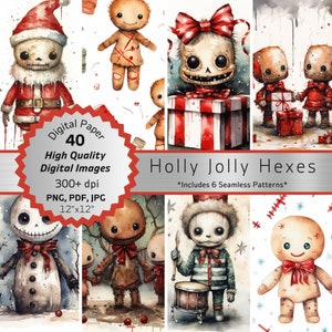 Holly Jolly Dark Creepy CHRISTMAS VOODOO Doll Junk JOURNAL Bundel met zes naadloze patronen voor commercieel gebruik
