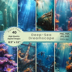 Paquete de papel digital Enchanted Ocean Fantasy - Arte submarino para diario basura, telón de fondo de cuento de hadas