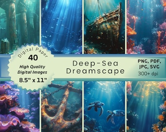 May include: A collection of 40 high-quality digital images with a deep-sea dreamscape theme. The images include underwater scenes with a shipwreck, coral reefs, and marine life. The paper size is 8.5" x 11".