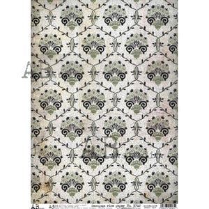 May include: Decoupage rice paper with a repeating floral pattern in black, olive green, and cream. The design features stylized floral bouquets connected by a network of vines. The paper has a vintage, distressed look.