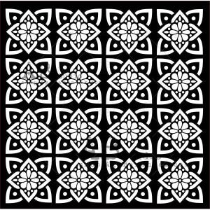 May include: A repeating pattern of white floral designs on a black background. Each floral element is a stylized flower with multiple petals, surrounded by geometric shapes. The design is symmetrical and creates a visually appealing, repeating motif.