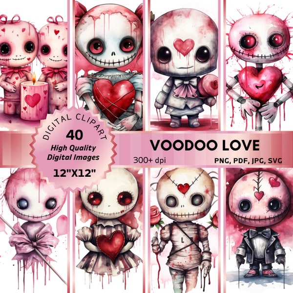 Spooky Valentines Day Card PNG Voodoo Dolls Valentines Card Creepy Love Letter Pastel Goth Watercolor Clipart Valentines Day Gift Valloween