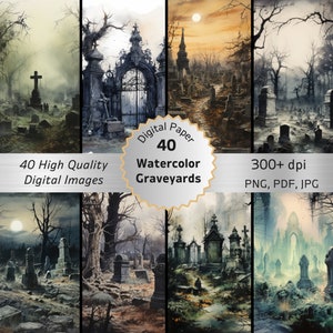 Halloween Watercolor Digital WallPaper Gothic Graveyard Scrapbook Graphics Spooky Junk Journal Printable Background Bundle Download