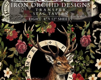 Stag Tavern IOD Transfer | 8x12 Vintage Woodland Christmas Decor Transfer by Iron Orchid Designs | Rustic Holiday Rub-On Transfer Set (Copy)