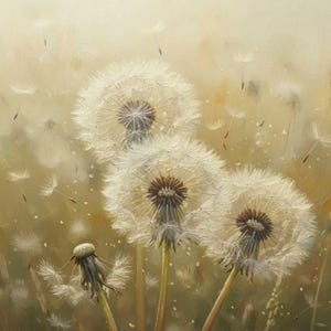 May include: A close-up of a painting featuring several white dandelion seed heads with brown centers. Some seeds are floating away in the soft, golden-toned background. The image evokes a sense of nature and tranquility.