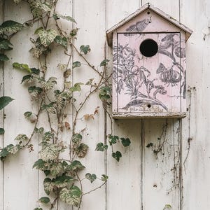 May include: A pink birdhouse with a round entry hole and a butterfly and floral design. The birdhouse is mounted on a white wooden wall, with green and white speckled vines climbing up the side.