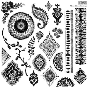 May include: A collection of black and white decorative design elements, including paisley, floral, and geometric patterns. The designs are in a variety of shapes and sizes, suitable for crafting or design projects. The text "Mercy House Chitenge" is visible.