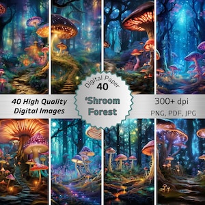 Magic Glowing Mushroom Forest Clipart Fairytale Junk Journal Printable Digital Paper Enchanted Garden Instant Download Commercial Use