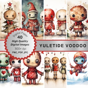 Aquarell gruselige WEIHNACHTS VOODOO Puppe Junk Journal Graphic BUNDLE - Wunderliche Ephemera Dark Xmas Illustrations Collection