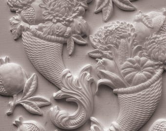 Cornucopias IOD Mould | 6x10 Harvest Cornucopia Decor Mould by Iron Orchid Designs | Vintage Thanksgiving Silicone Casting Mould