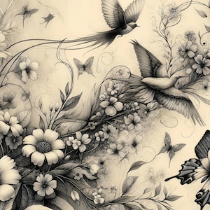 May include: A detailed black and white illustration featuring birds, butterflies, and flowers. The artwork has a vintage aesthetic, with intricate line work and shading. The composition includes various floral elements and flying birds.