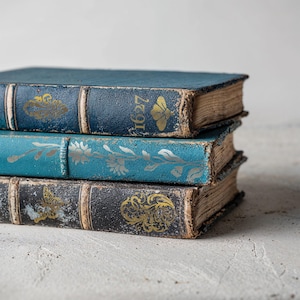 May include: A stack of three antique books with distressed covers. The top book is navy blue with gold floral accents and the number "1627". The middle book is teal with silver floral designs. The bottom book is black with gold embellishments.
